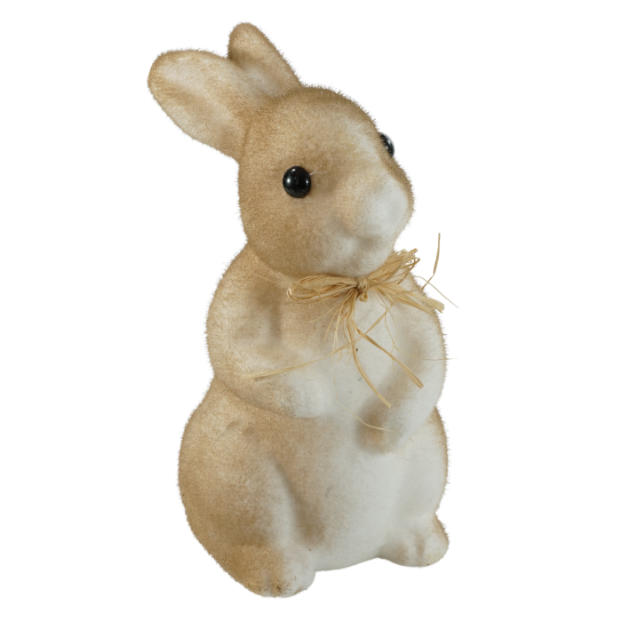 Brązowy zając flokowany 26 cm zajączki. Figurka wielkanocna z brokatem i słomkową kokardą, idealna ozdoba na regał lub komodę.