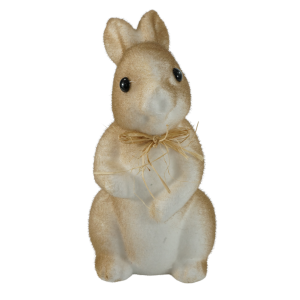 Figurka zajączka 26 cm z brązowym włosiem i brokatem. Urocza dekoracja wielkanocna ze słomkową kokardą pod szyją.