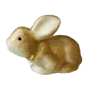 Figurka zająca z flokowanym wykończeniem i ozdobną wstążką. Rustykalny dodatek do wnętrz w wiosennym klimacie.
