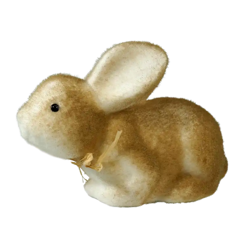 Figurka zająca z flokowanym wykończeniem i ozdobną wstążką. Rustykalny dodatek do wnętrz w wiosennym klimacie.
