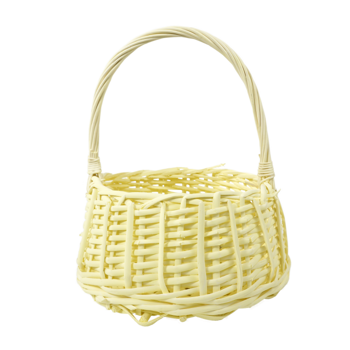 Okrągły kosz wiklinowy ⌀ 22 cm w kolorze żółtym. Ażurowy splot, zwężany ku górze kształt z rączką, rozmiar M idealny na drobiazgi.