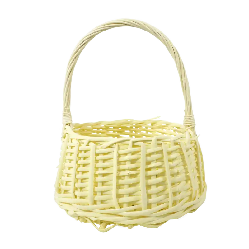Okrągły kosz wiklinowy ⌀ 22 cm w kolorze żółtym. Ażurowy splot, zwężany ku górze kształt z rączką, rozmiar M idealny na drobiazgi.
