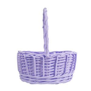 Fioletowy, owalny kosz wiklinowy o wymiarach 25x20 cm i wysokości z rączką 28 cm. Idealny jako wielkanocny koszyk.