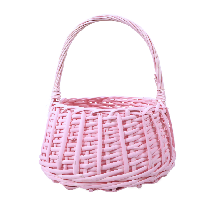 Różowy okrągły kosz wiklinowy o średnicy 22 cm, zwężany ku górze. Praktyczny koszyk prezentowy lub na święconkę w rozmiarze M, wykonany z naturalnej wikliny.