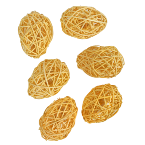 Zestaw sześciu ażurowych pisanek rattanowych o wysokości 8 cm w kolorze pomarańczowym. Naturalne jaja idealne do świątecznych kompozycji florystycznych i wielkanocnych stroików.
