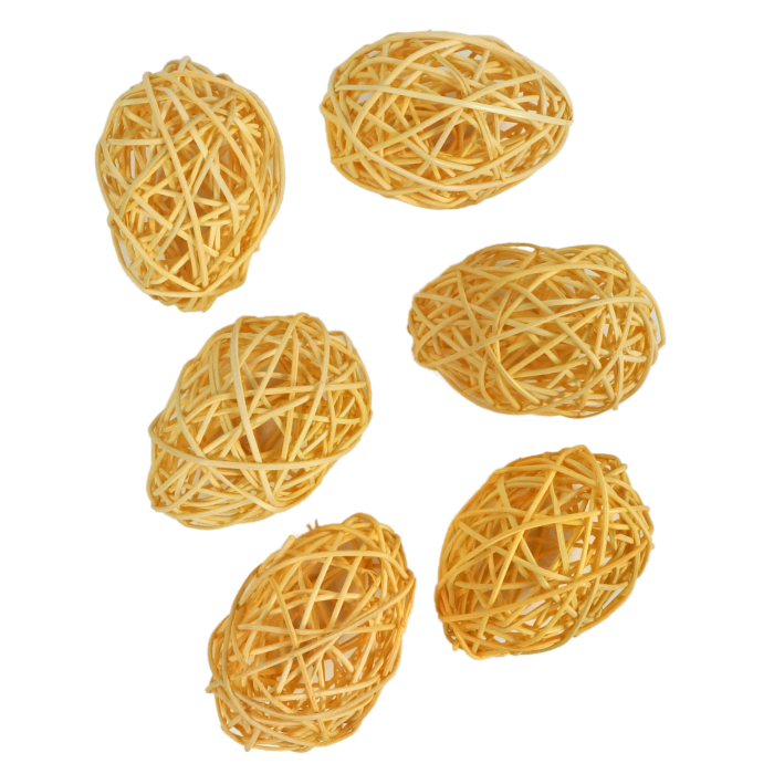 Zestaw sześciu ażurowych pisanek rattanowych o wysokości 8 cm w kolorze pomarańczowym. Naturalne jaja idealne do świątecznych kompozycji florystycznych i wielkanocnych stroików.