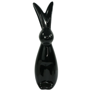 Widok z przodu na czarnego zająca ceramicznego, uwydatniający symetryczną formę i prosty design ozdoby.