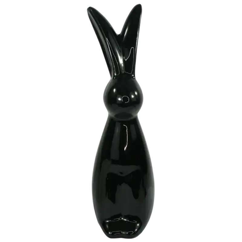 Widok z przodu na czarnego zająca ceramicznego, uwydatniający symetryczną formę i prosty design ozdoby.