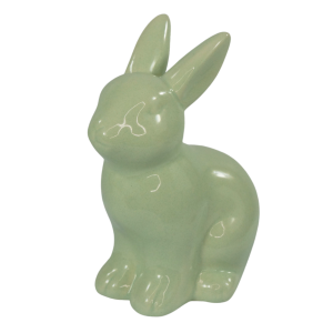 Zbliżenie na ceramiczną figurkę zająca w kolorze zielonym, ukazująca gładką fakturę oraz prostą formę dekoracji wielkanocnej.