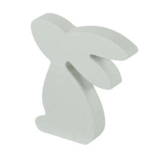 Biały drewniany zajączek wielkanocny o wysokości 12 cm. Minimalistyczna figurka dekoracyjna w nowoczesnym stylu, idealna ozdoba na świąteczny stół lub biurko.