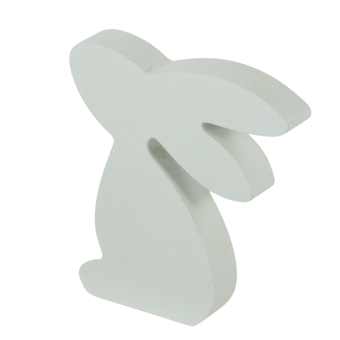 Biały drewniany zajączek wielkanocny o wysokości 12 cm. Minimalistyczna figurka dekoracyjna w nowoczesnym stylu, idealna ozdoba na świąteczny stół lub biurko.