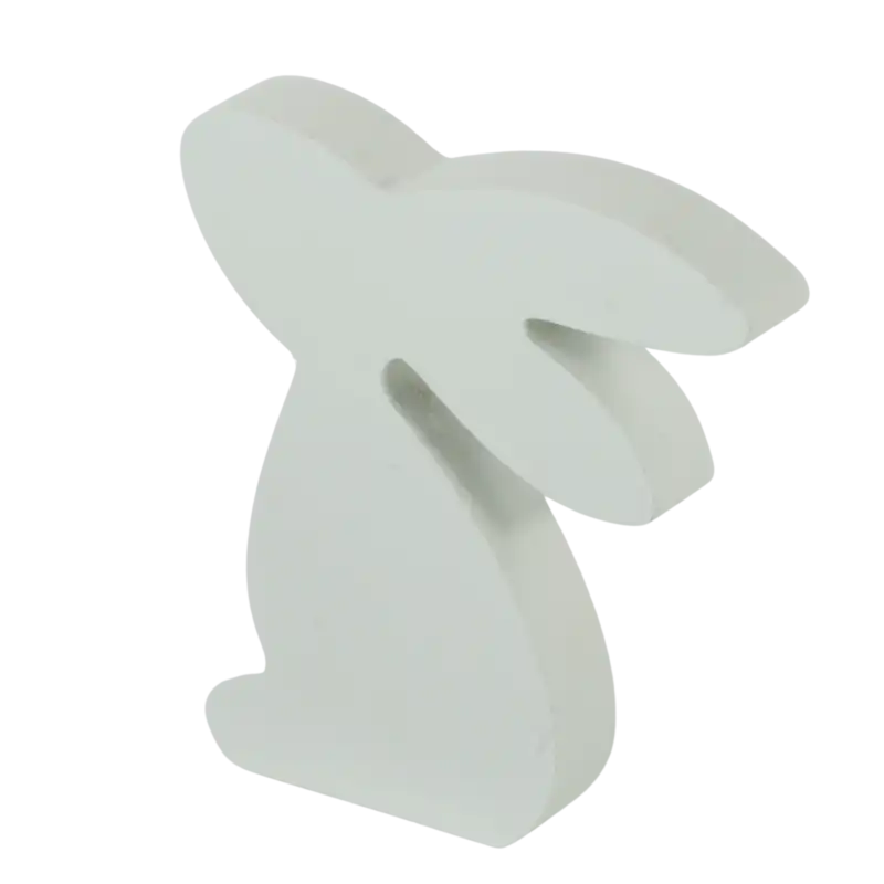 Biały drewniany zajączek wielkanocny o wysokości 12 cm. Minimalistyczna figurka dekoracyjna w nowoczesnym stylu, idealna ozdoba na świąteczny stół lub biurko.