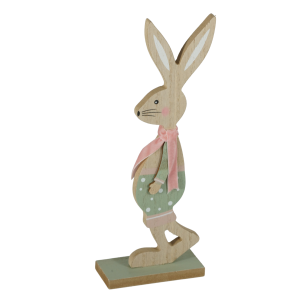 Drewniana ozdoba wielkanocna w kształcie zajączka chłopca, prezentująca proporcje 24 cm figurki w pełnej okazałości.