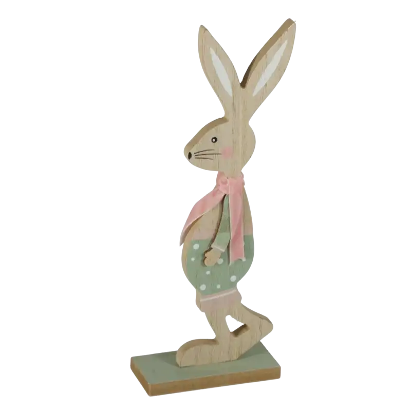 Drewniana ozdoba wielkanocna w kształcie zajączka chłopca, prezentująca proporcje 24 cm figurki w pełnej okazałości.
