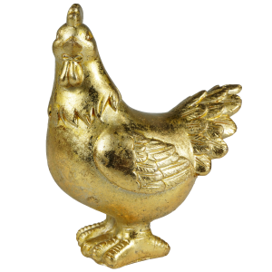 Złota kura dekoracyjna 11x9 cm o postarzanym wykończeniu, prezentująca się jako elegancki kurczaczek na Wielkanoc.