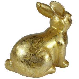 Widok na tył i bok ceramicznej figurki zajączka. Postarzane złoto podkreśla formę ozdoby wielkanocnej.