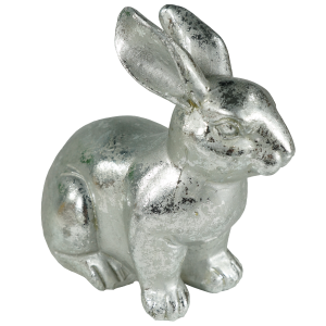 Ceramiczny zając w odcieniu postarzanego srebra. Figurka ustawiona w prawą stronę, ukazująca minimalistyczny kształt i dekoracyjny blask wykończenia.