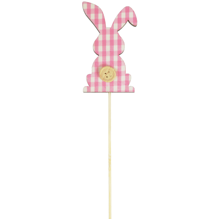 Drewniany zajączek w różową kratkę na piku o wysokości 28 cm. Ozdoba posiada dekoracyjny drewniany guzik i patyczek do stroików wielkanocnych.