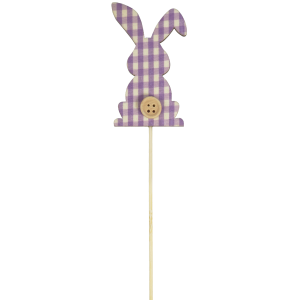 Fioletowy zajączek w kratkę na długim piku o wysokości 28 cm z ozdobnym drewnianym guzikiem, idealny do stroików wielkanocnych.