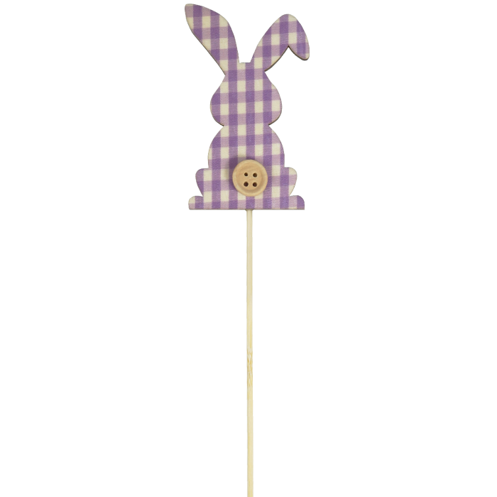 Fioletowy zajączek w kratkę na długim piku o wysokości 28 cm z ozdobnym drewnianym guzikiem, idealny do stroików wielkanocnych.
