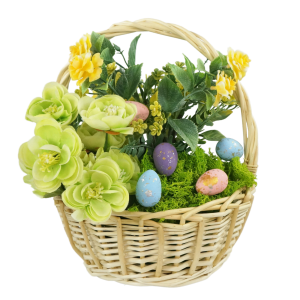 Wielkanocny kosz wiklinowy 26 cm w kolorze naturalnym wypełniony sztucznymi kwiatami, mchem i ozdobnymi pisankami.
