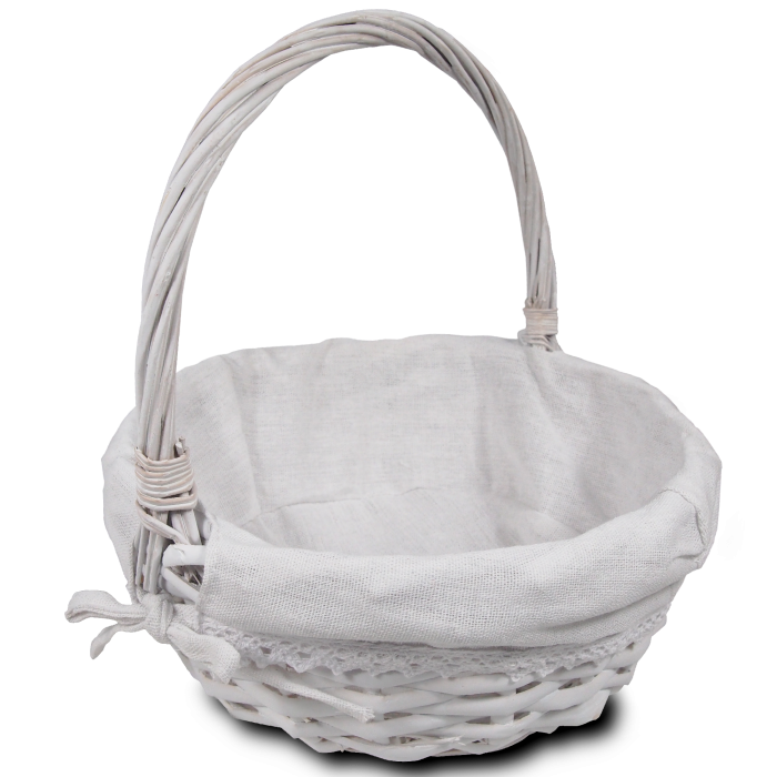 Biały okrągły kosz wiklinowy 27 cm z materiałem. Posiada rączkę i wyjmowany lniany wkład z koronkową tasiemką. Rozmiar M, idealny na święconkę.
