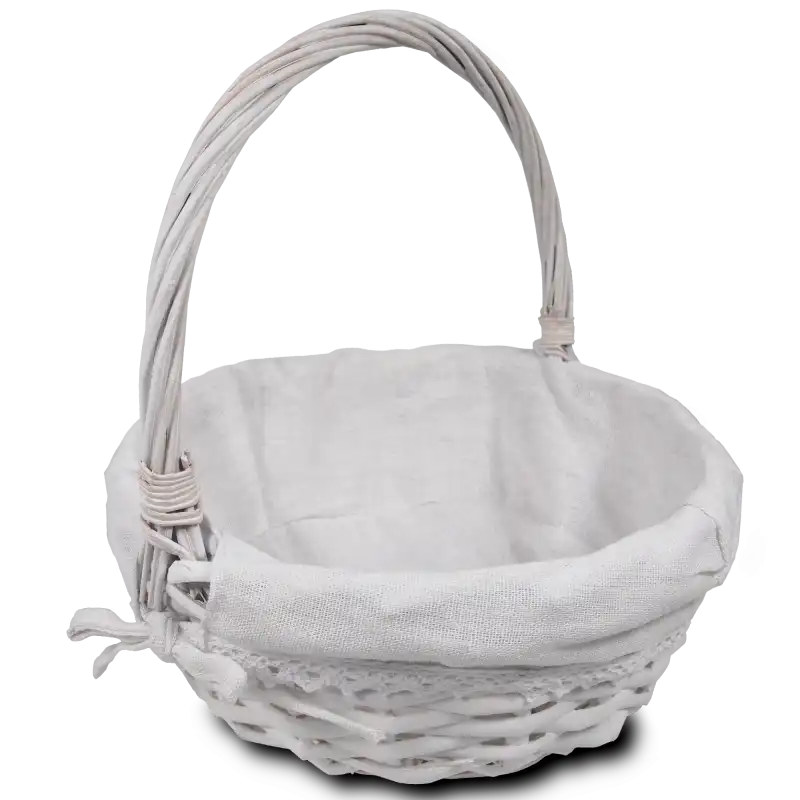 Biały okrągły kosz wiklinowy 27 cm z materiałem. Posiada rączkę i wyjmowany lniany wkład z koronkową tasiemką. Rozmiar M, idealny na święconkę.