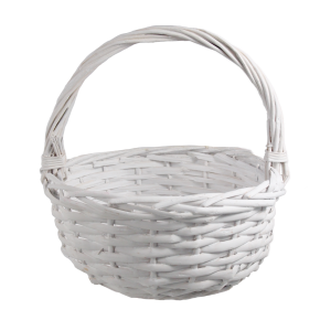 Okrągły biały kosz wiklinowy o wysokości 21 cm z rączką. Klasyczny design w rozmiarze S idealny na święconkę, stroiki lub jako ozdobny koszyk na owoce i kwiaty w domu.