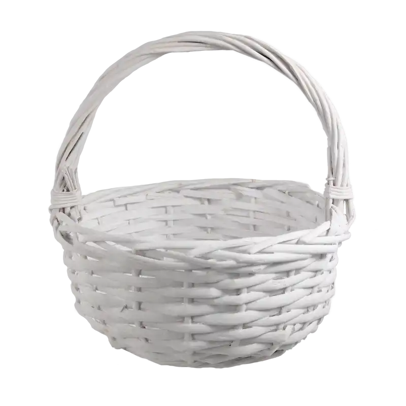 Okrągły biały kosz wiklinowy o wysokości 21 cm z rączką. Klasyczny design w rozmiarze S idealny na święconkę, stroiki lub jako ozdobny koszyk na owoce i kwiaty w domu.