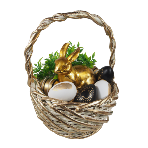 Dekoracyjny koszyk wielkanocny wypełniony złotą figurką zająca oraz kompletem sześciu pisanek glamour 6 cm w kolorach złota i czerni.