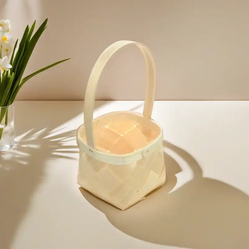 Naturalny koszyczek z łuby o wymiarach 12 cm x 12 cm x 9,5 cm z rączką. Lekka łubianka na święconkę lub stroiki wielkanocne.