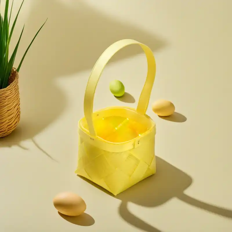 Żółty koszyczek z łuby 12 cm w kompozycji wielkanocnej z pisankami. Naturalna, ekologiczna łubianka z rączką idealna jako osłonka na wiosenne kwiaty.