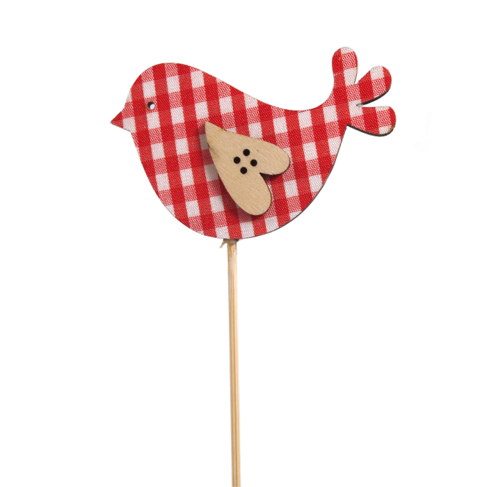 Czerwony ptaszek na piku o wymiarach 5x8 cm i całkowitej długości 25 cm. Wykonana z drewna ozdoba z jednostronnym nadrukiem w kratkę.
