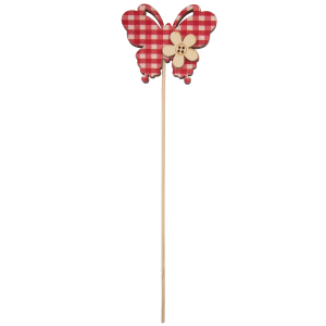 Widok w pełnej skali na ozdobę na piku w kształcie motyla w czerwonym kolorze. Całkowita długość produktu wynosi 24 cm.