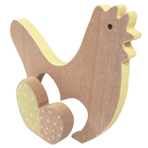 Drewniana kura 2w1 15 cm to nowoczesna dekoracja wielkanocna. Figurka prezentowana w ujęciu pod kątem, z widocznym odczepianym elementem w kropki.
