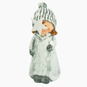 Ceramiczna figurka dziewczynki z gwiazdką o wysokości 13 cm. Ozdoba świąteczna w zimowym stroju, idealna jako element dekoracyjny kominka lub komody.