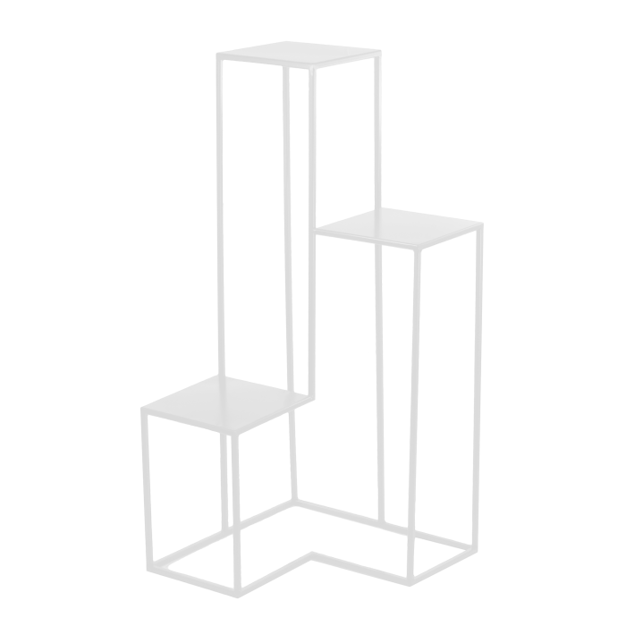 Biały metalowy kwietnik 3-poziomowy o wysokości 84 cm i podstawie 40x40 cm. Nowoczesny stojak na kwiaty, lampiony i wazony.