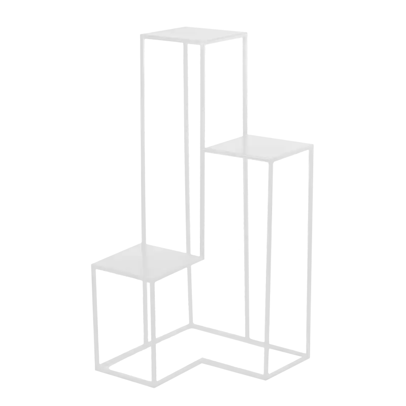 Biały metalowy kwietnik 3-poziomowy o wysokości 84 cm i podstawie 40x40 cm. Nowoczesny stojak na kwiaty, lampiony i wazony.
