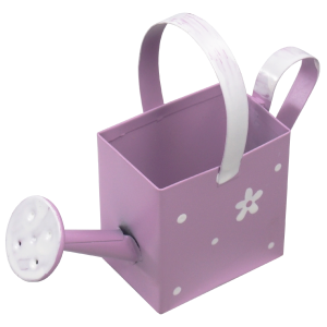 Fioletowa mini konewka 10 cm wykonana z metalu, ozdobiona białym motywem kwiatów i kropek, z białym uchwytem i wylewką.