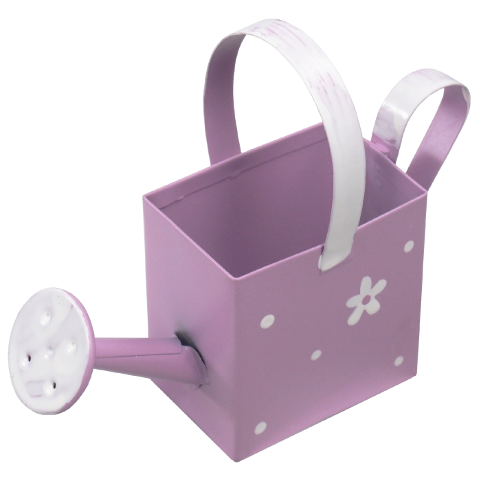 Fioletowa mini konewka 10 cm wykonana z metalu, ozdobiona białym motywem kwiatów i kropek, z białym uchwytem i wylewką.