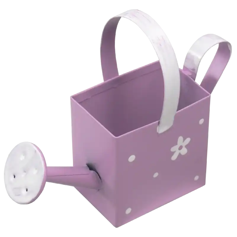 Fioletowa mini konewka 10 cm wykonana z metalu, ozdobiona białym motywem kwiatów i kropek, z białym uchwytem i wylewką.