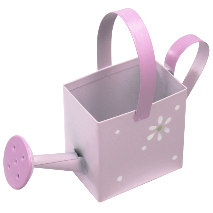 Różowa mini konewka 10 cm z kwiatowym motywem wykonana z metalu. Prezentowana w ujęciu z profilu, idealna jako ozdoba do kompozycji roślinnych i stroików.
