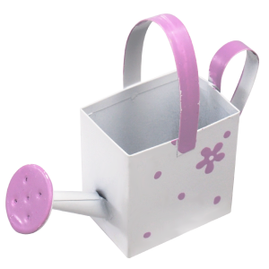 Biała mini konewka o wysokości 10 cm ozdobiona wzorem w różowe kwiaty i kropki. Idealna dekoracja do mniejszych kompozycji florystycznych.