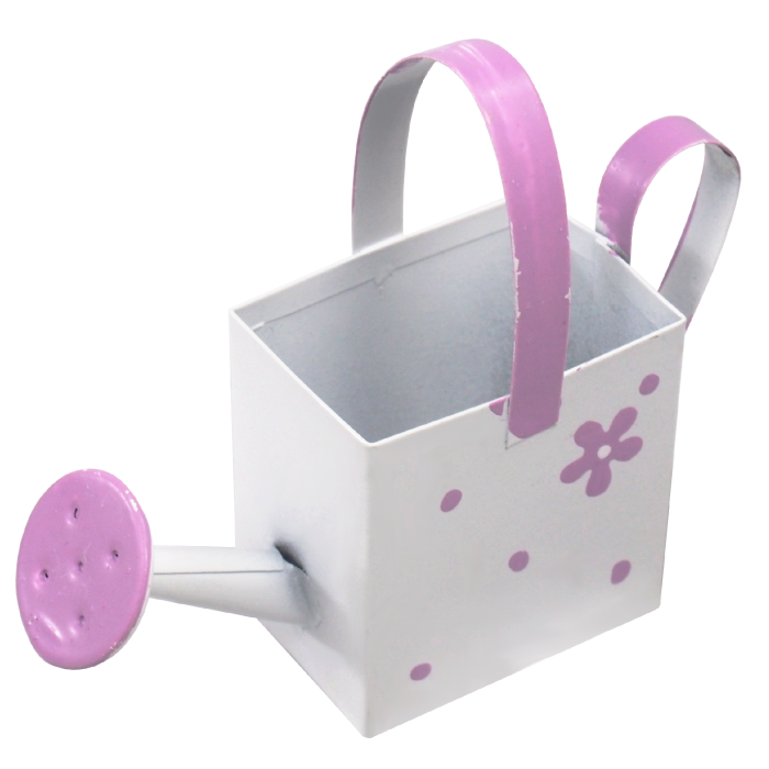 Biała mini konewka o wysokości 10 cm ozdobiona wzorem w różowe kwiaty i kropki. Idealna dekoracja do mniejszych kompozycji florystycznych.