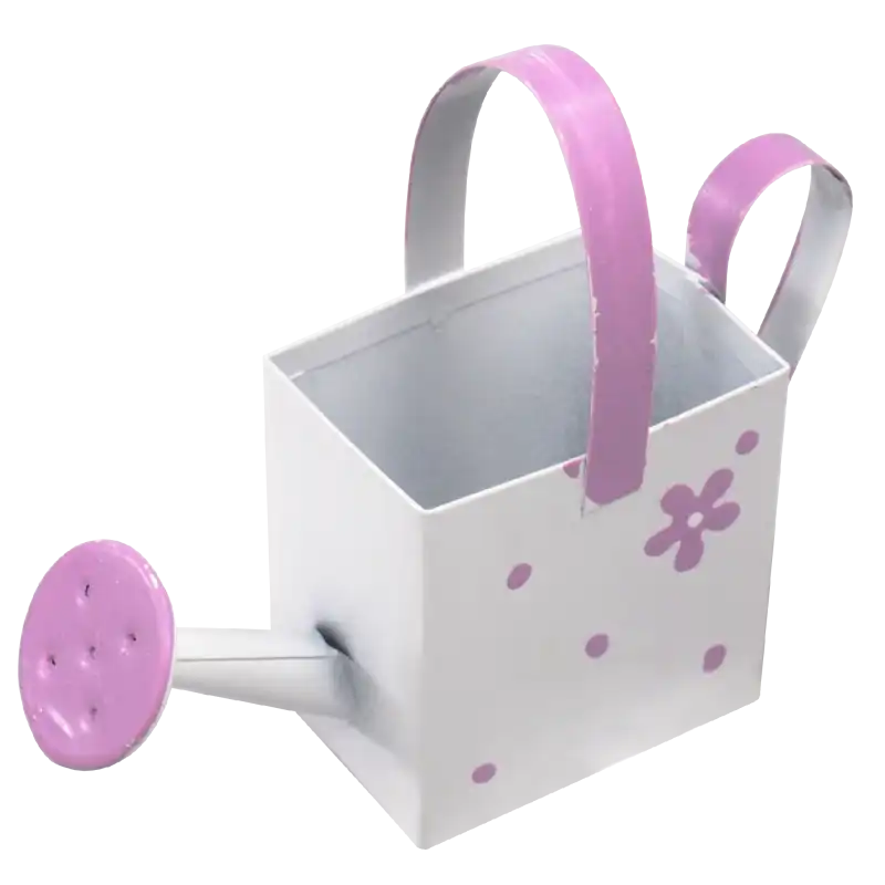 Biała mini konewka o wysokości 10 cm ozdobiona wzorem w różowe kwiaty i kropki. Idealna dekoracja do mniejszych kompozycji florystycznych.