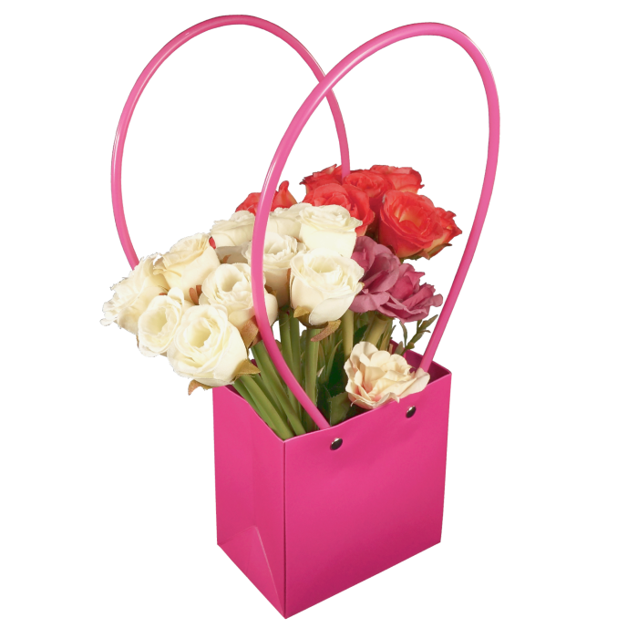 Różowa torebka na kwiaty o wysokości 34 cm z bukietem kwiatów. Papierowe opakowanie z wygodnymi uchwytami stanowi elegancką oprawę dla roślin doniczkowych i kompozycji kwiatowych.