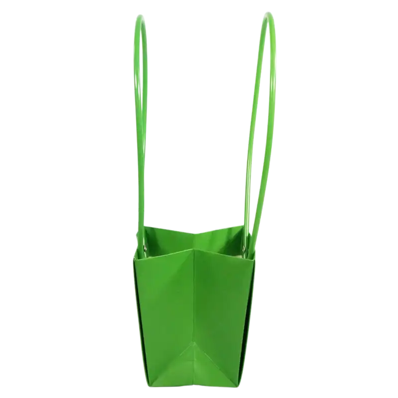 Zdjęcie przedstawia oliwkową torebkę kwiatową z profilu, eksponując jej smukłą formę, wysokość 33 cm oraz sposób mocowania pałąków.