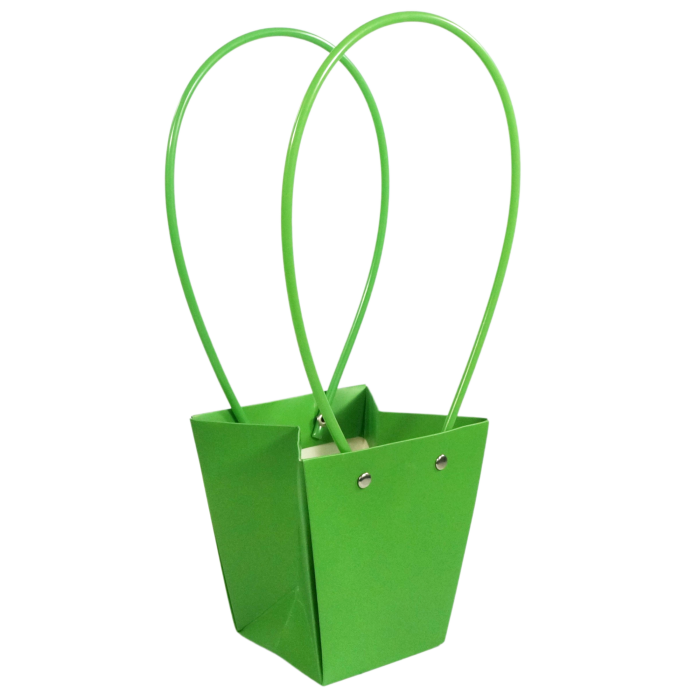 Oliwkowa torebka kwiatowa 33 cm z dwoma uchwytami, prezentowana w widoku z przodu. Estetyczne opakowanie na bukiety i rośliny doniczkowe o podstawie 8x8 cm.