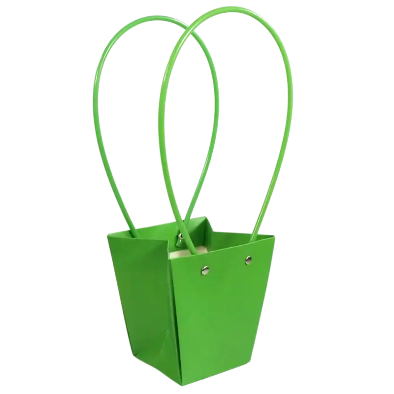Oliwkowa torebka kwiatowa 33 cm z dwoma uchwytami, prezentowana w widoku z przodu. Estetyczne opakowanie na bukiety i rośliny doniczkowe o podstawie 8x8 cm.