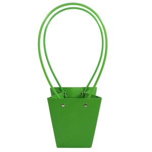 Oliwkowa torebka kwiatowa ukazana w zbliżeniu na detale mocowania uchwytów przy krawędzi. Estetyczny pojemnik na rośliny o wysokości 33 cm.